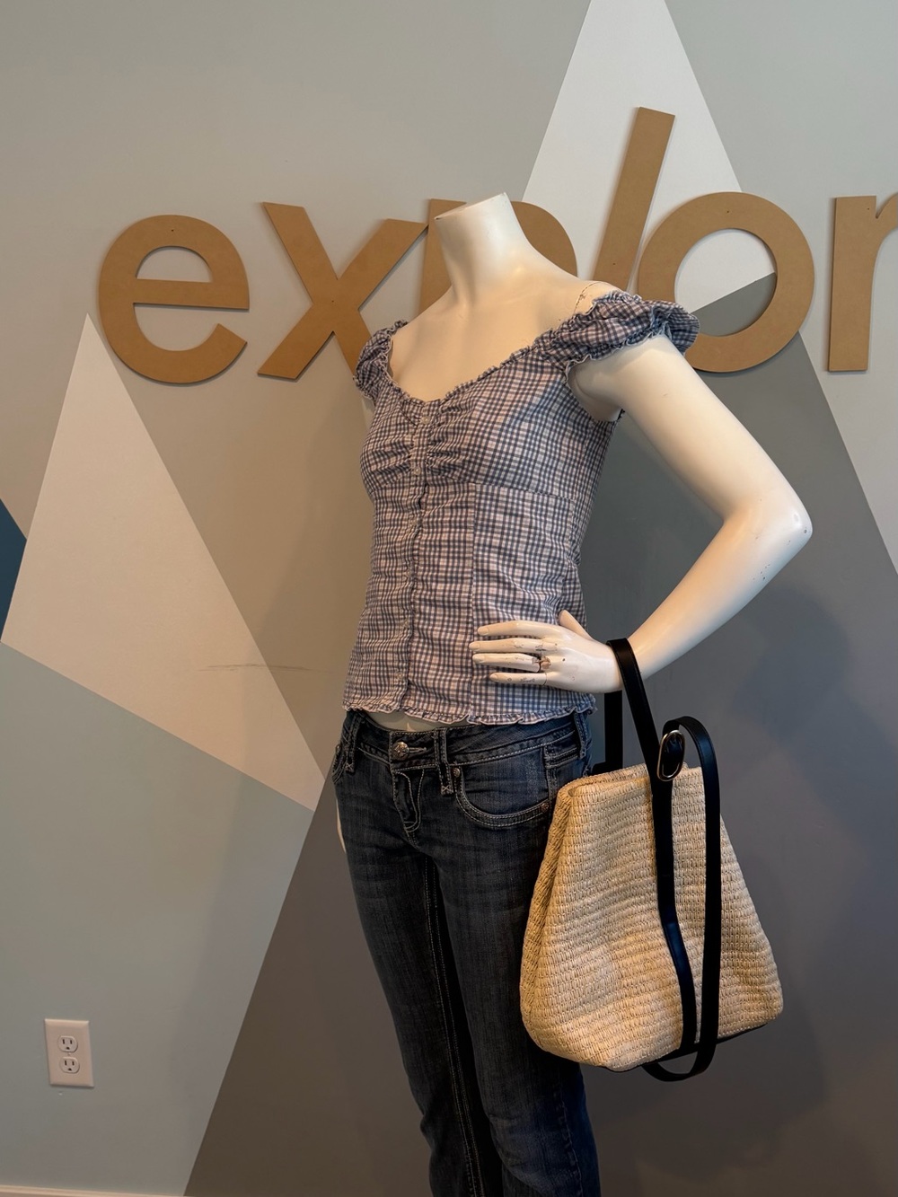 Blue Gingham Ruched Sleeve Square-Neck Top
